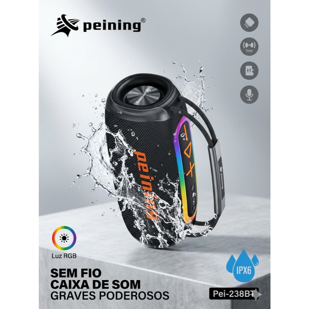 Caixa De Som Bluetooth Peining Mod; pei-238  Usb Aux  Resistente À Água Compacta Potente Led Rgb Tws Uso Intern
