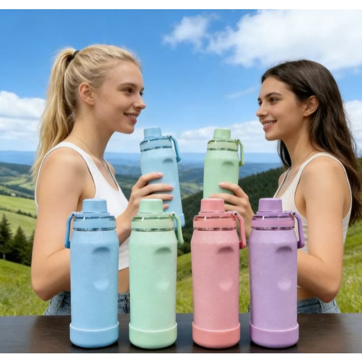 Novo estilo Garrafa Térmica Inox 650ML/850ML Esportiva Academia com Capa Silicone Gelada Quente textura de gelo