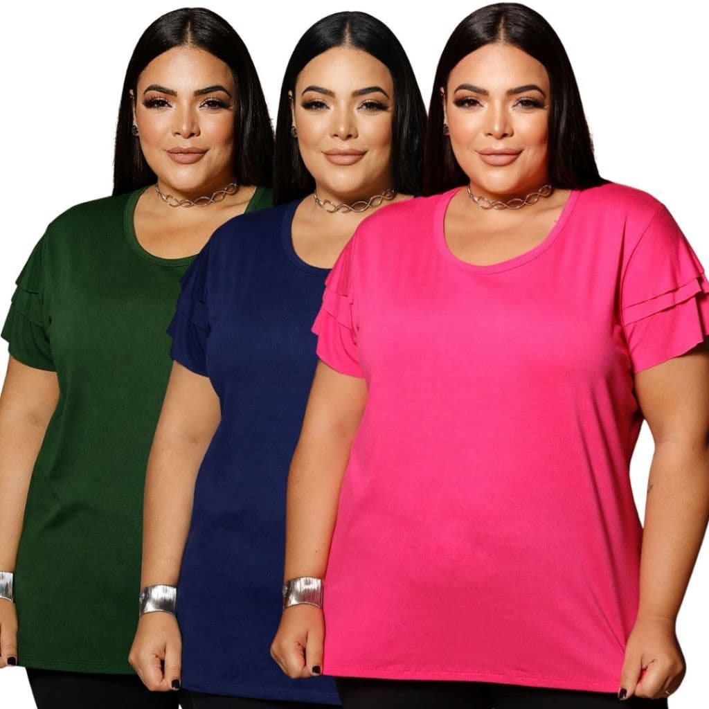 Kit 3 Blusas Plus Size Feminina Viscolycra com Babado na Manga Conforto Estilo e Caimento Perfeito