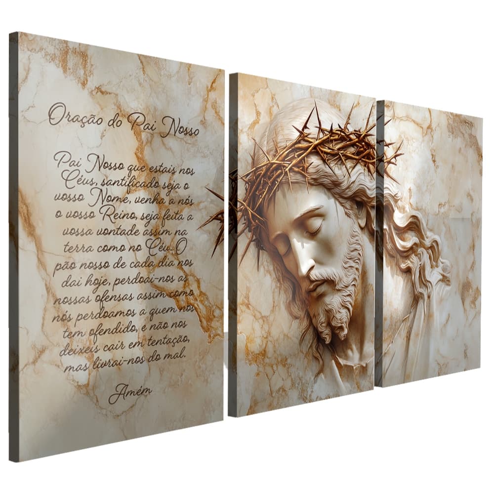 Quadro Decorativo Kit 3 Peças Jesus Cristo Mármore Oração do Pai Nosso (JESUS MÁRMORE)