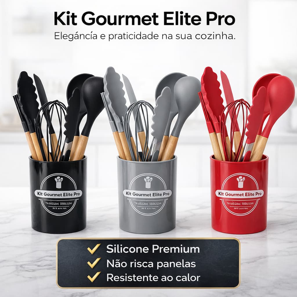 Kit Gourmet Elite Pro 7 Peças Utensílios de Cozinha Silicone com Cabo de Madeira Resistente ao Calor