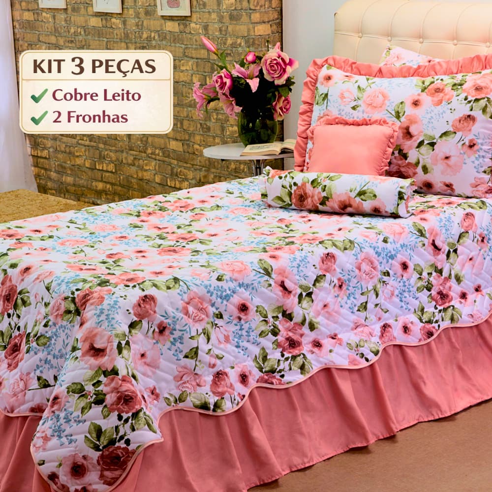 Kit Cobre Leito Solteiro Infantil Juvenil 3 Peças Colcha Floral Buquê Rosê com Babados + 2 Fronhas