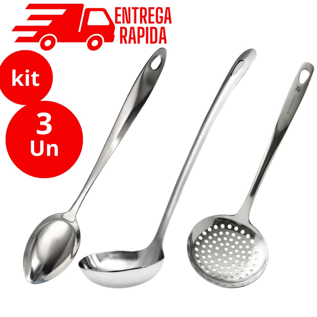 Kit Utensílio Cozinha 3 Pças Aço Inox Concha Colher Arroz Escumadeira Fritura Espumadeira Resistente