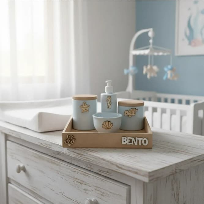 Kit Higiene Bebê Porcelana nome personalizado bandeja quadrada sem pintura aplique 3D