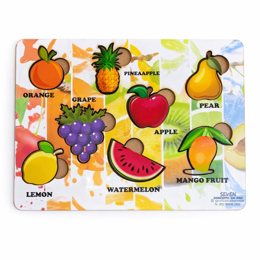 Brinquedo Jogo de Encaixe Quebra Cabeça Educativo Frutas MDF Alto Brilho 19x25cm