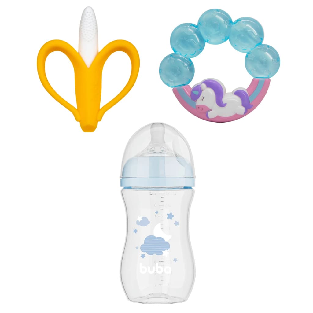 Kit Bebê Buba 3 Itens: Mamadeira 270ml Nuvem Azul + Mordedor Unicórnio + Massageador Banana