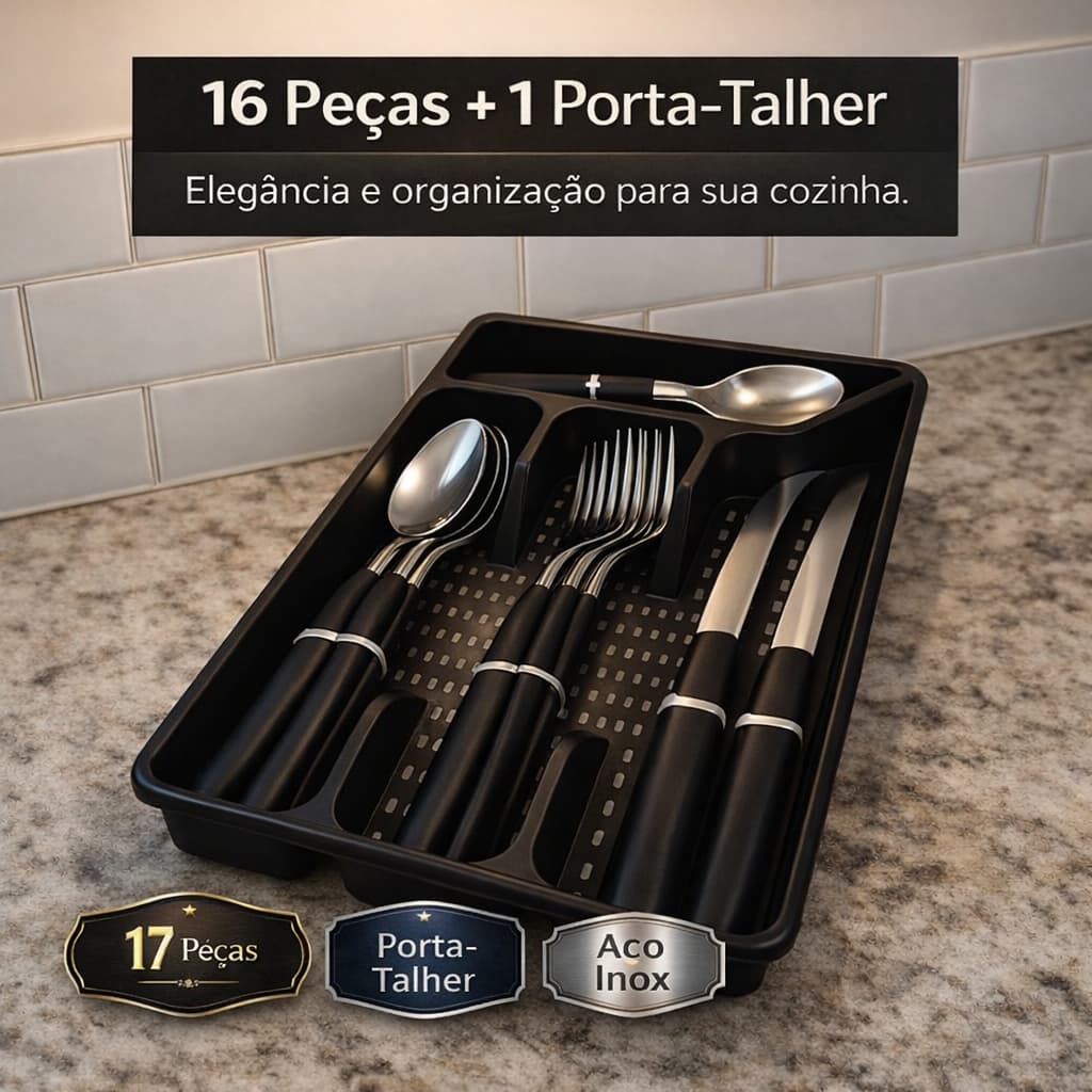 Conjunto de Talheres 17 Peças Inox com Organizador de Gaveta Porta Talher Preto Cozinha Kitchen Set