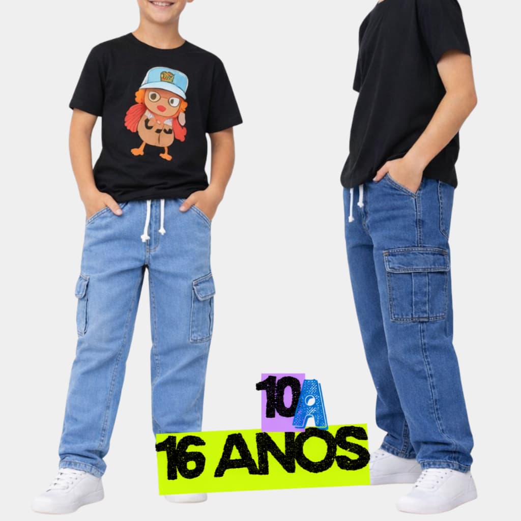 Calça Jeans Infantil Cargo Masculina Estilosa com Bolsos Laterais 10 a 16 Anos Confortável Moderna