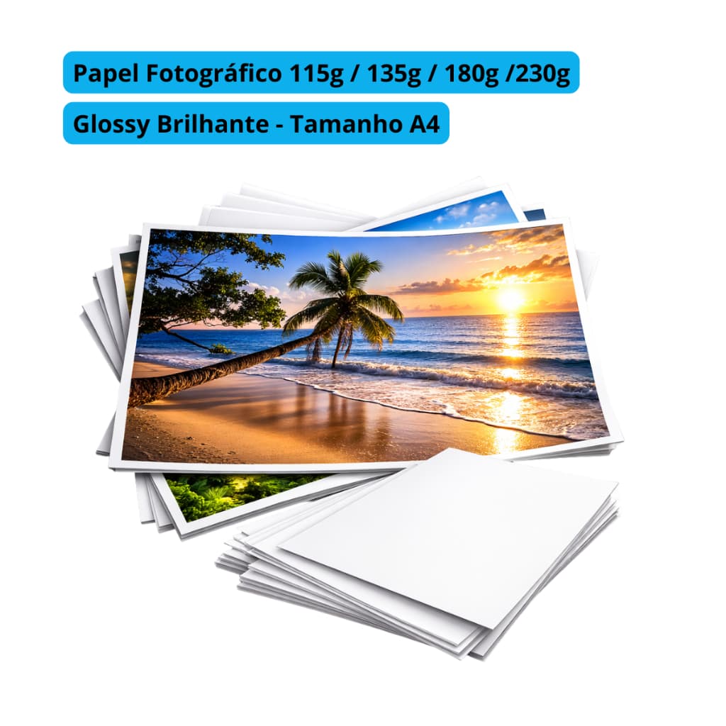 Papel Fotográfico A4 Glossy Alta Resolução – 115g 135g 180g 230g  Impressão Jato de Tinta