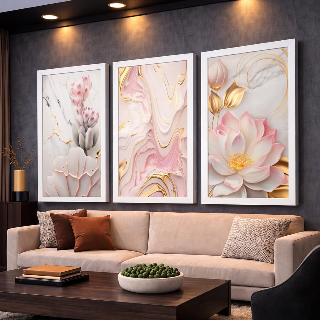 Kit 3 Quadros Decorativos Marmore Abstrato Lotus Rosa Dourado Mosaico Sala Quarto Escritório