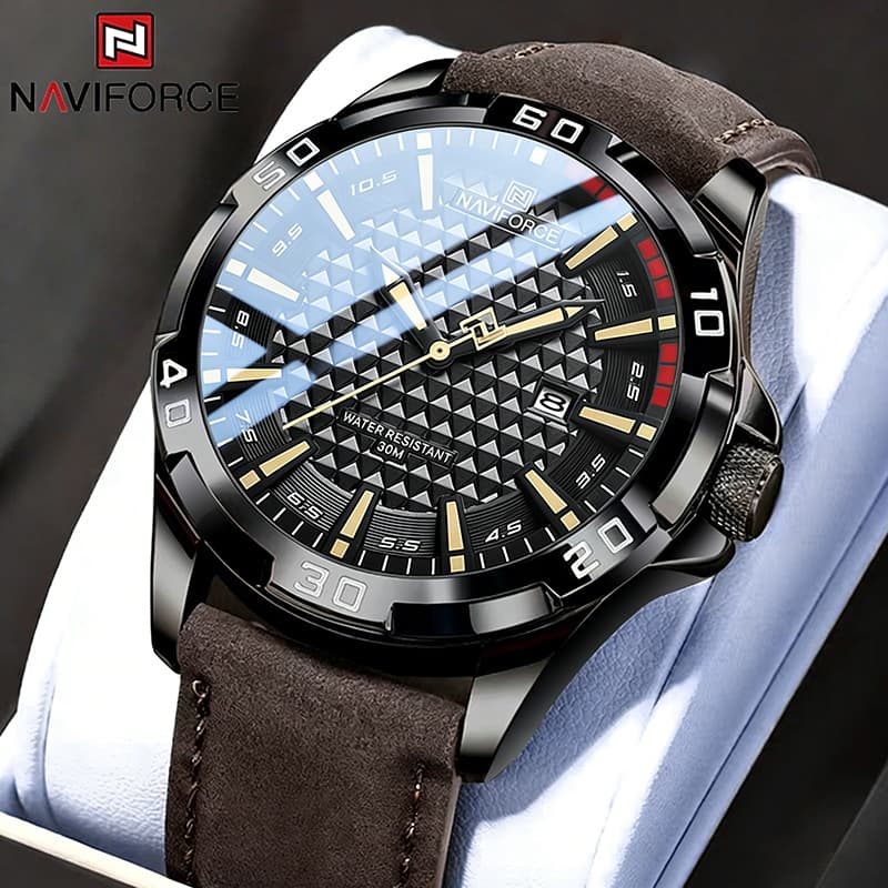 NAVIFORCE homens esporte militar quartzo calendário relógio de pulso para homem couro impermeável relógio masculino