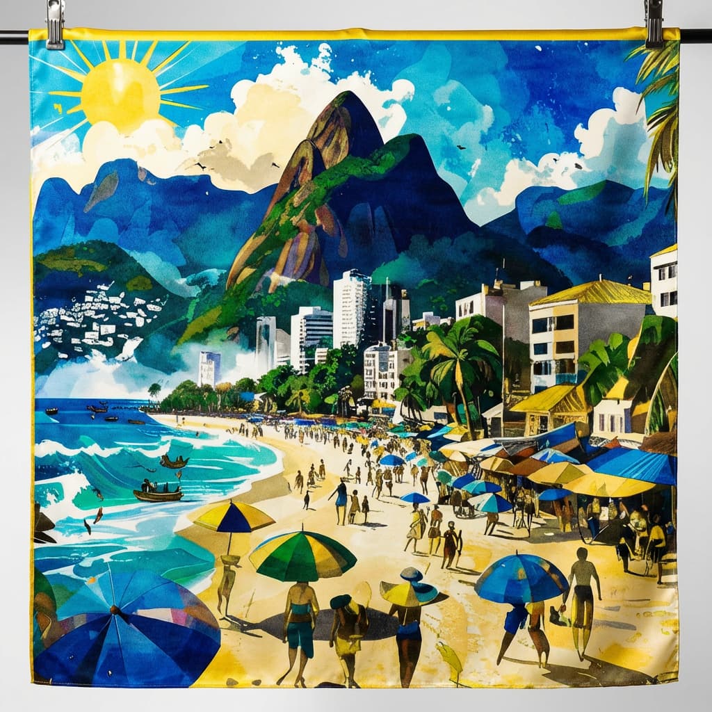 Lenço Feminino Sublimado Cetim Grande Cabelo Bolsa 90x90 Cm Rio em Cores Brasil Copa do Mundo