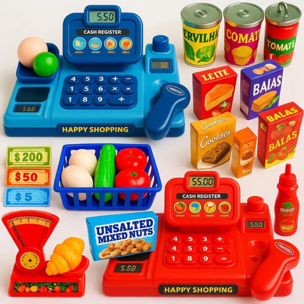 Kit Brinquedos Menino Menina 29 Pecas Mercadinho Infantil Caixa Registradora Comidinha Mercado Kids