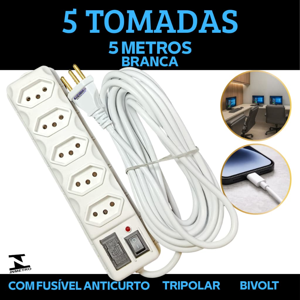 Filtro de Linha Bivolt 127/220 5 Tomadas Tripolar 10A 5 Metros Branca Fusível de Segurança 3A