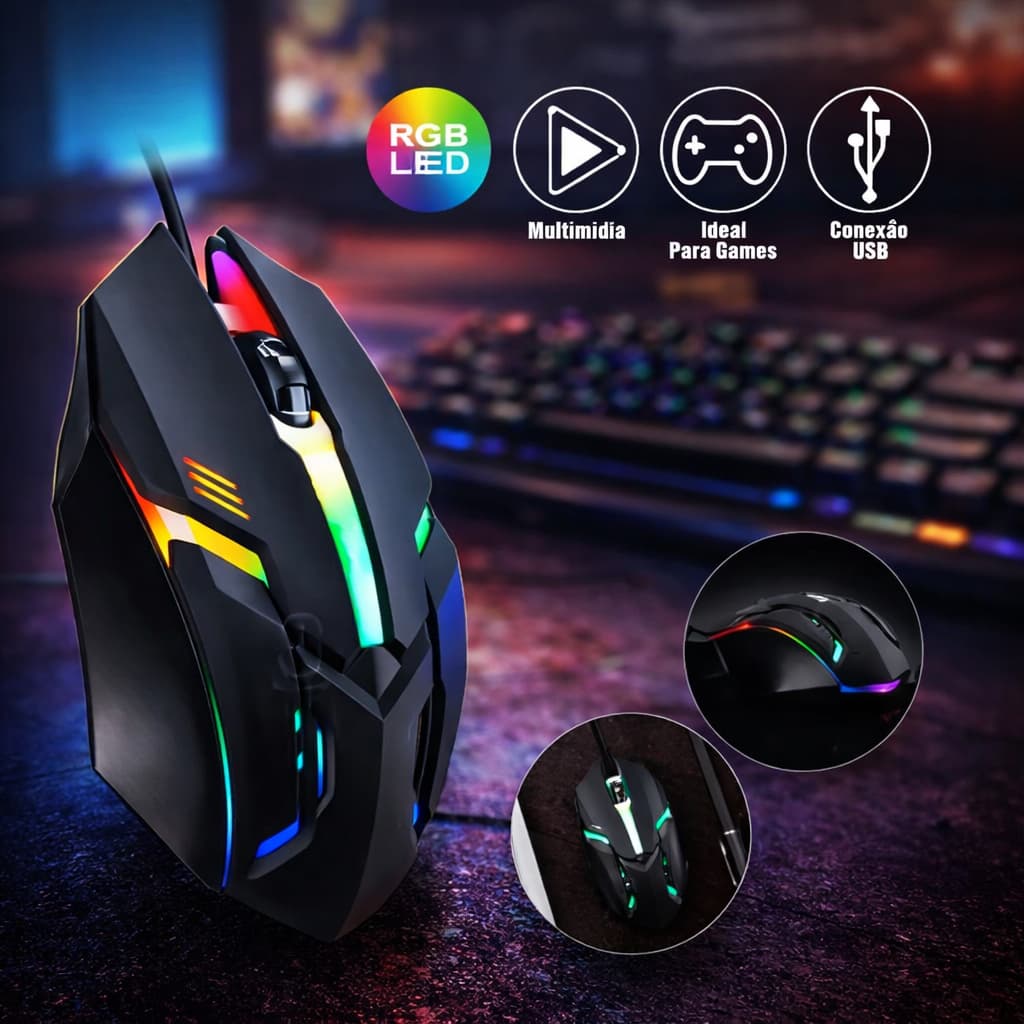 Mouse Gamer RGB LED USB 1200 DPI Alta Precisão Com Fio