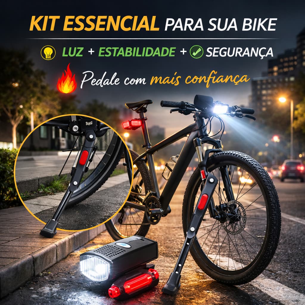Kit Farol Bike Frontal Pisca Traseiro Led Usb Recarregavel + Pezinho Descanso Lateral Bicicleta