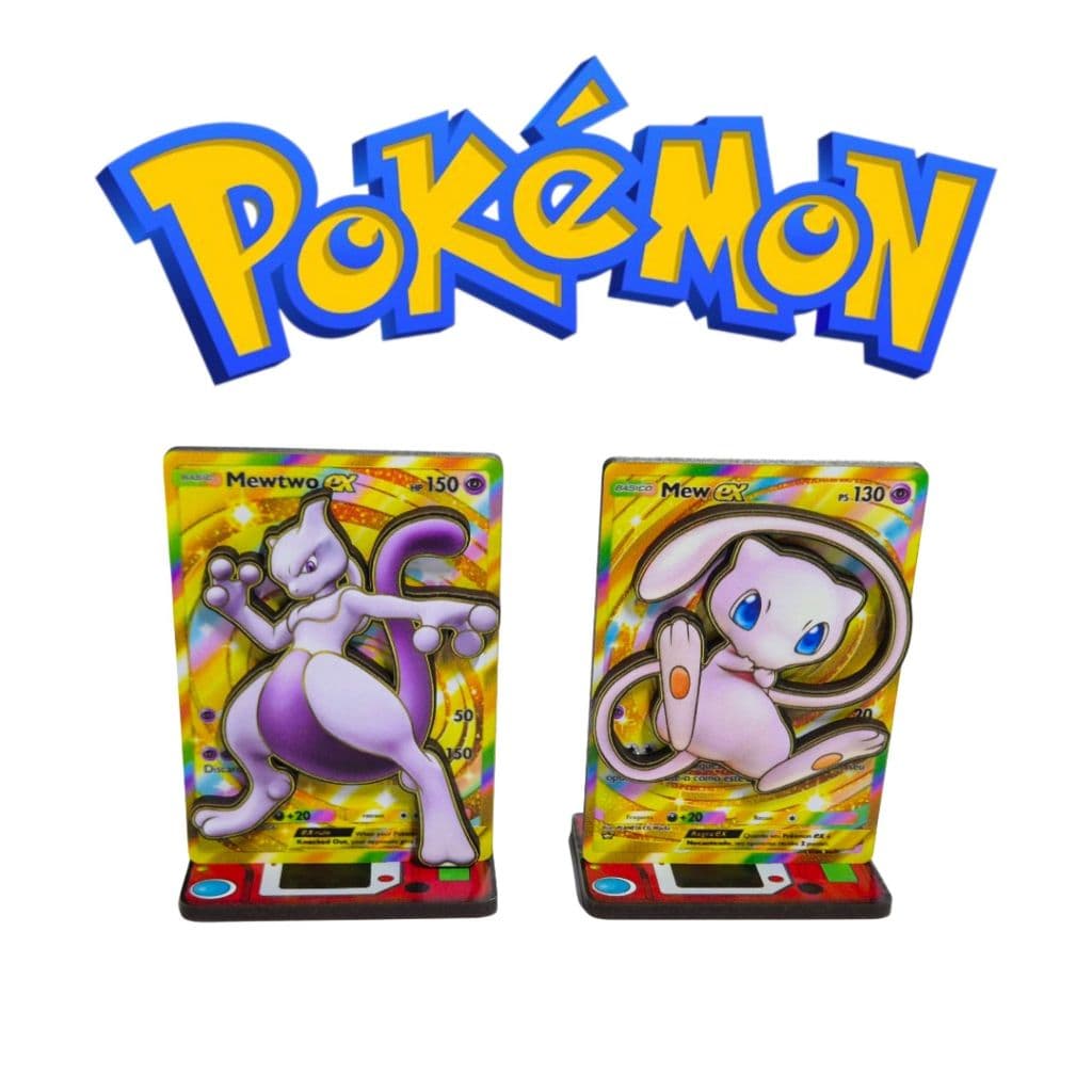 Kit 2 Totens Pokémon Mew e Mewtwo 3D 10cm MDF – Combo Cartas EX Decoração Geek