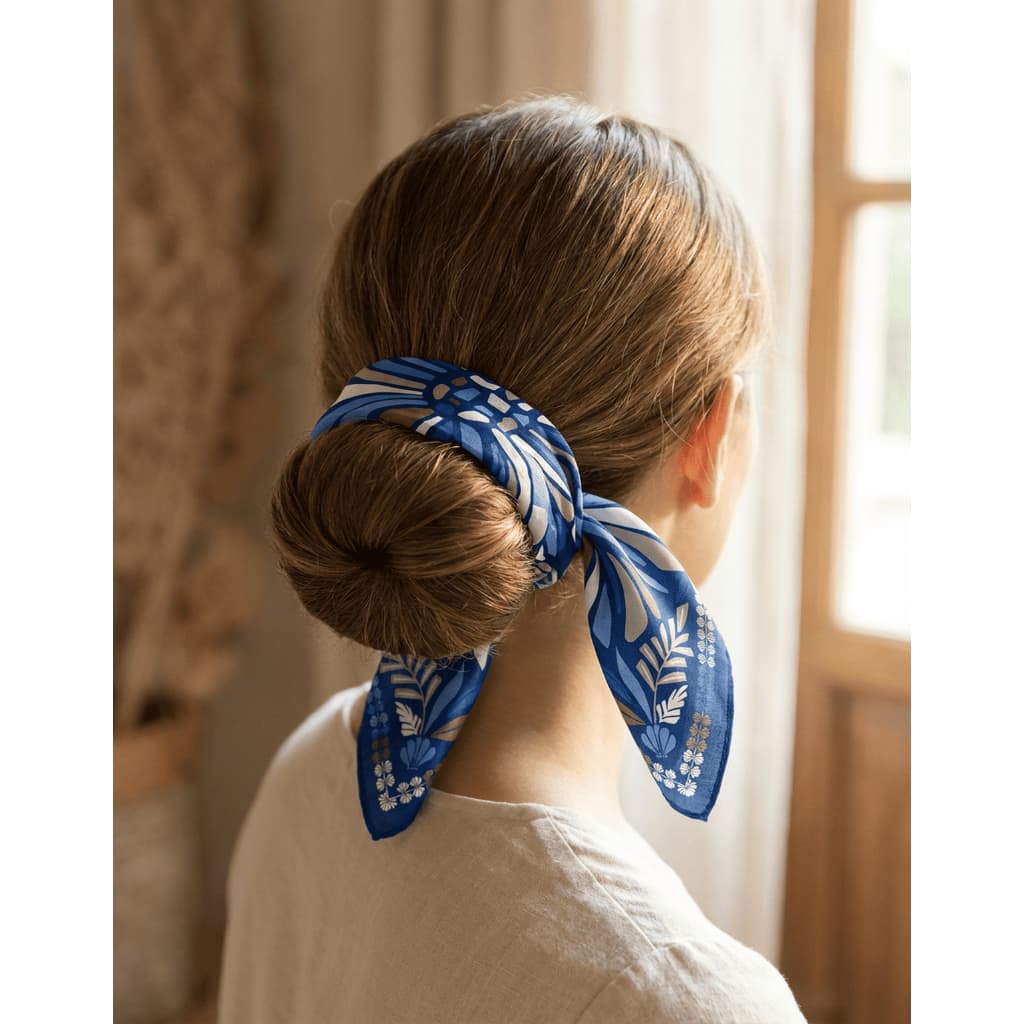 Mini Lenço Feminino Cetim 45x45 cm Quadrado Pequeno Cabelo Bolsa Blue Bloom