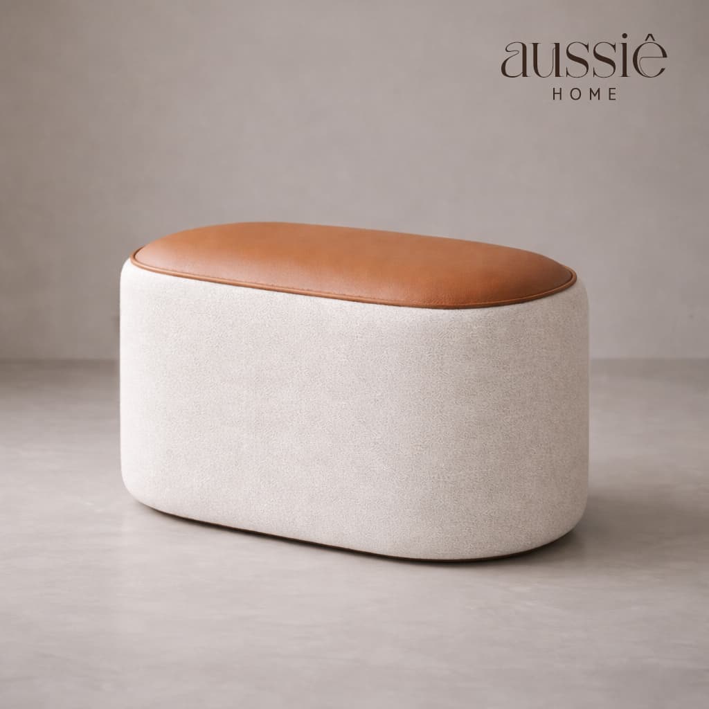 Puff Oval Siena Couro e Linho Decorativo Sala Quarto Escritório Recepção Confortável Moderno Minimalista 65 cm