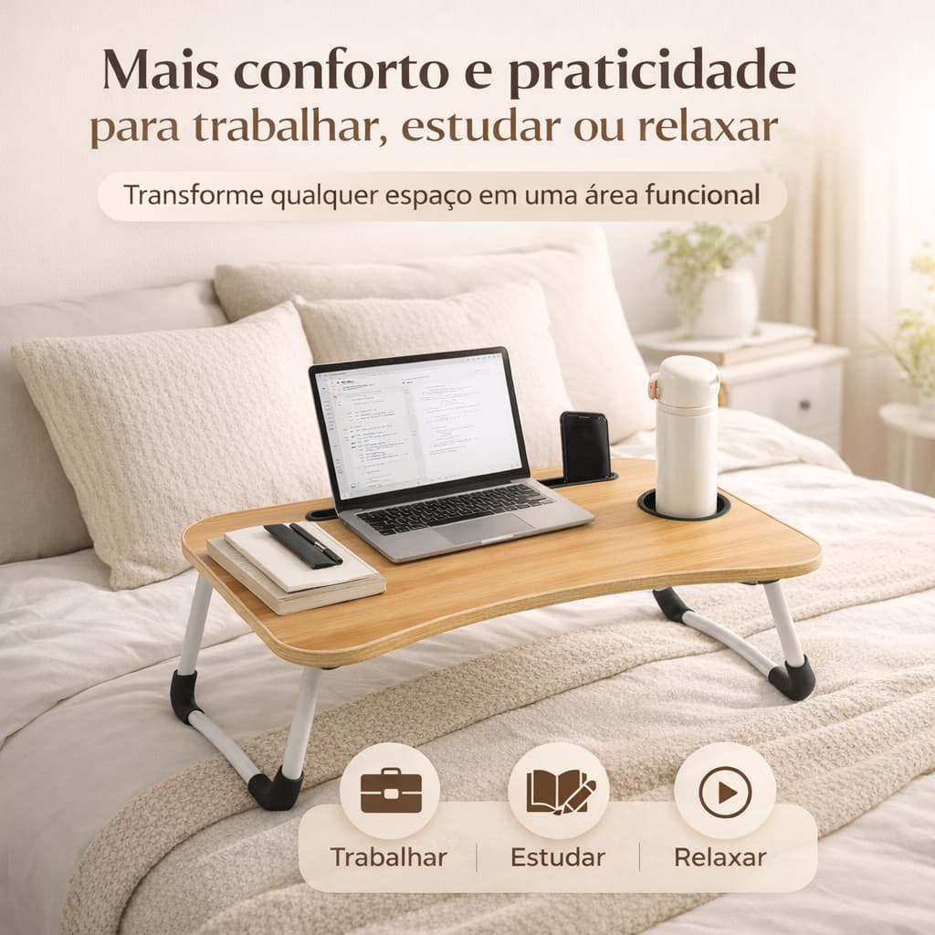 Mesa Notebook Multiuso Dobrável para Cama e Sofá com Porta-Copo e Suporte para Celular