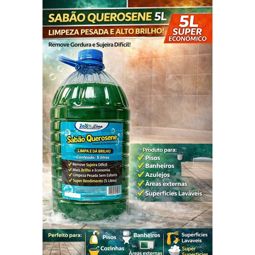 Sabão Querosene 5L Limpeza Pesada | Removedor de Gordura e Sujeira Difícil  Multiuso Alto Rendimento