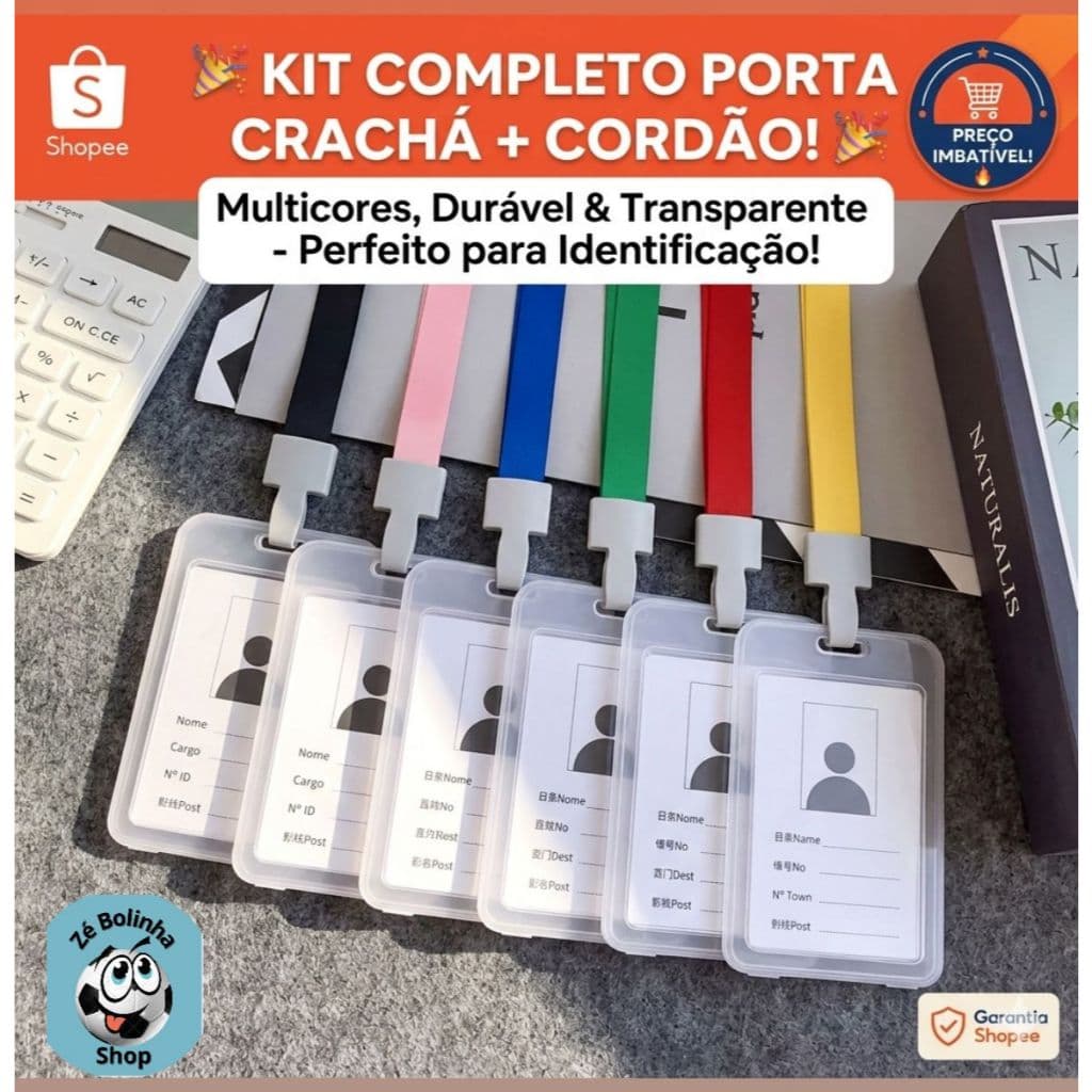 Kit 1/2/3/4 Porta Crachá com Cordão, Suporte para Cartão de Identificação, RioCard, Crachá Profissional