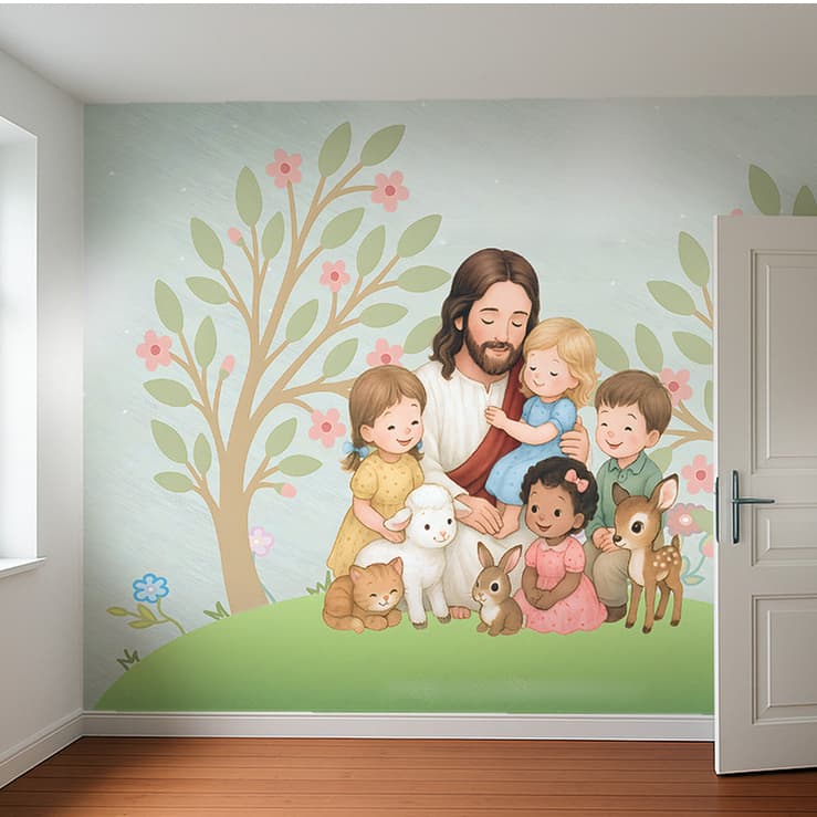 Papel de Parede Adesivo Religioso Jesus Cristo Crianças Animais Personalizado M²