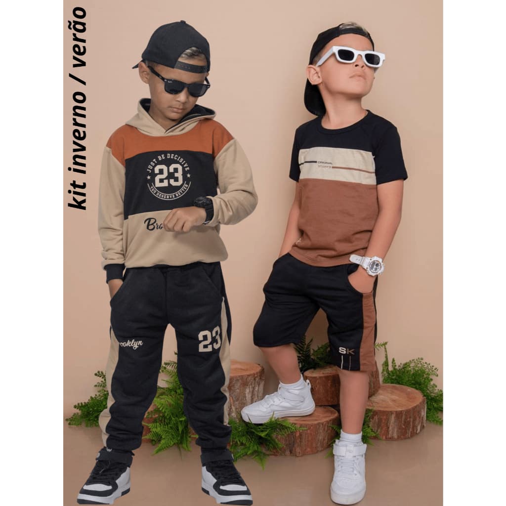Kit 2 Conjuntos Infantil Menino Verão + Inverno Lançamento Moletinho Meia Estação 2 ao 14 anos