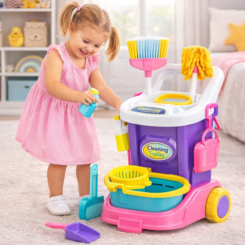 Carrinho de Limpeza Infantil | Kit Faxina Brinquedo Educativo com Rodinhas + Balde e Esfregão