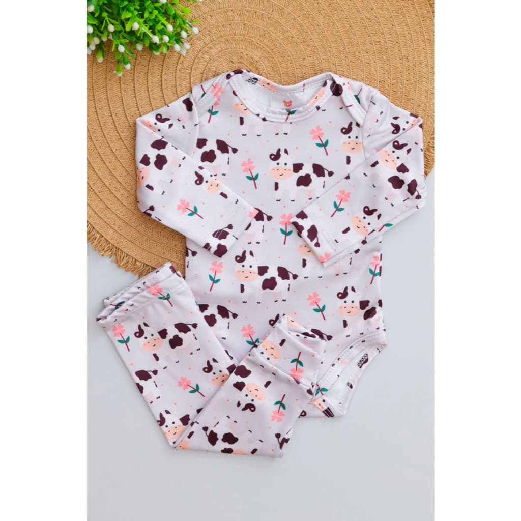 Conjunto Bebê Térmico Quentinho Menina Inverno Body e Calça com Estampa Vaca