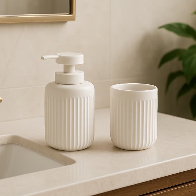 Kit para banheiro lavabo em cimento dispenser sabonete líquido porta escovas Modelo luxo