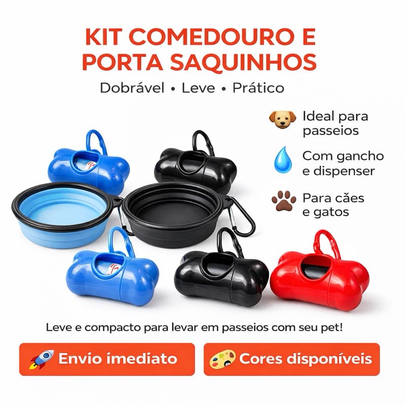 Kit pet Comedouro ou  Bebedouro Portátil Pet Dobrável + Porta Saquinhos Dispenser Cães Gatos Passeio envio imediato