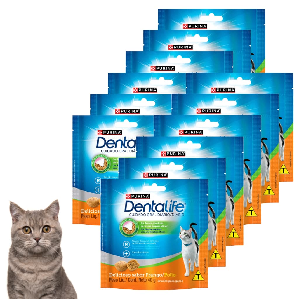 Combo com 12 Petisco Dentalife Purina Snack Para Gato Cuidado Oral Sabor Frango 40g Petiscos Premium