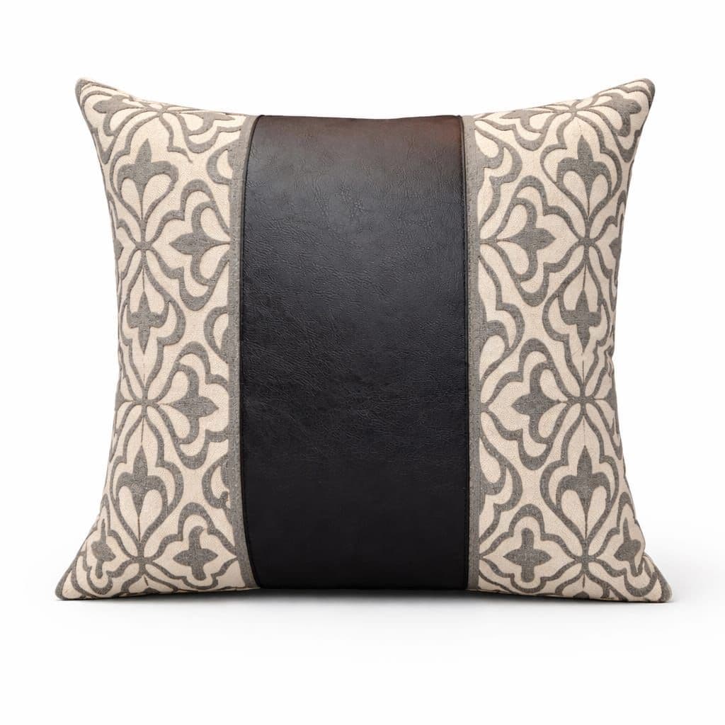 Capa de Almofada Linho  45x45cm Couro preto Aplicado + Bouclê Verde Menta