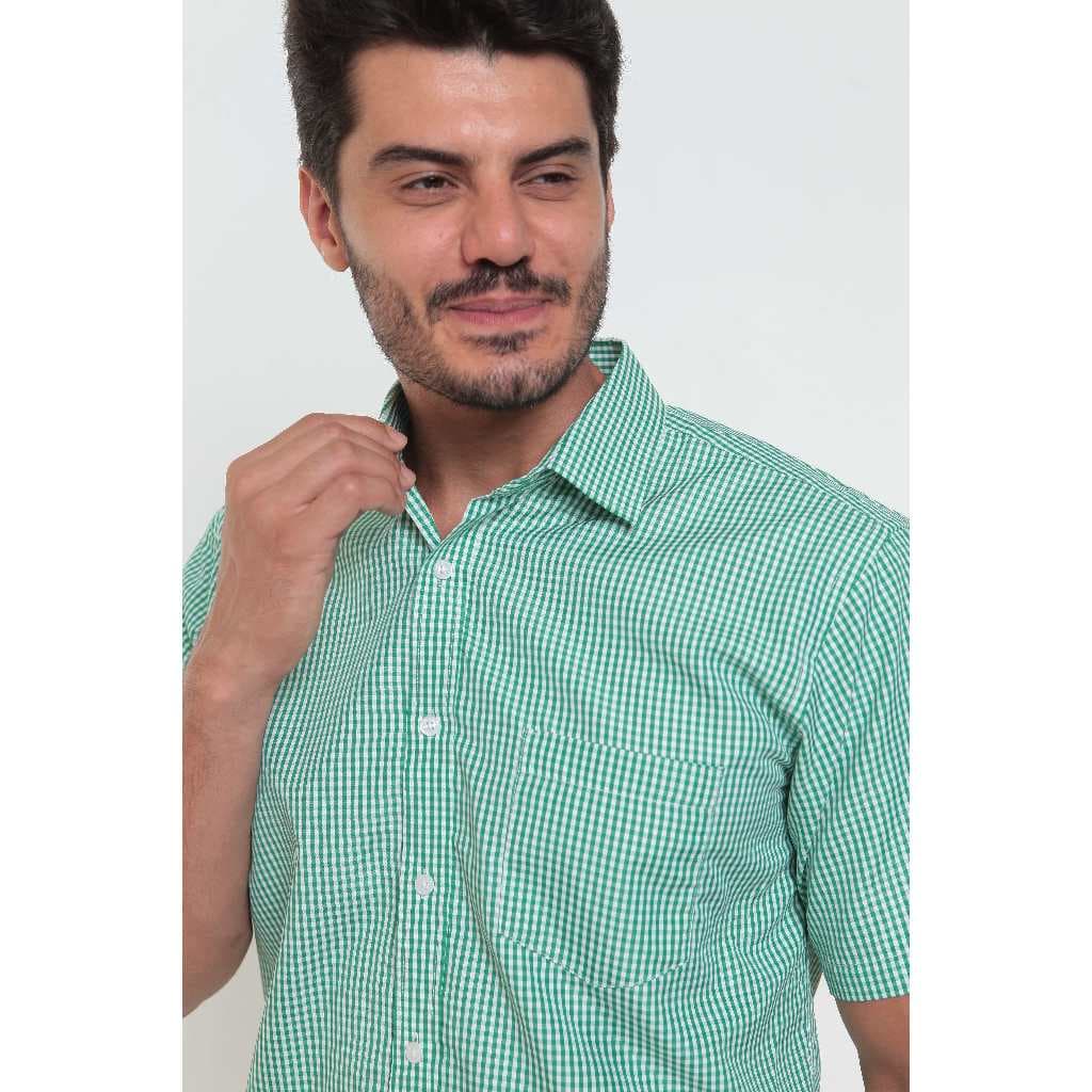 Camisa xadrez masculina casual slim fit manga curta com bolsos