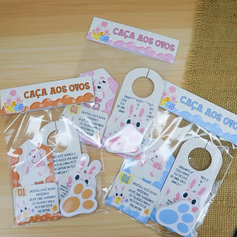 kit Caça aos ovos infantil / caça ao tesouro Páscoa - Patinhas coelhos+pista+tag