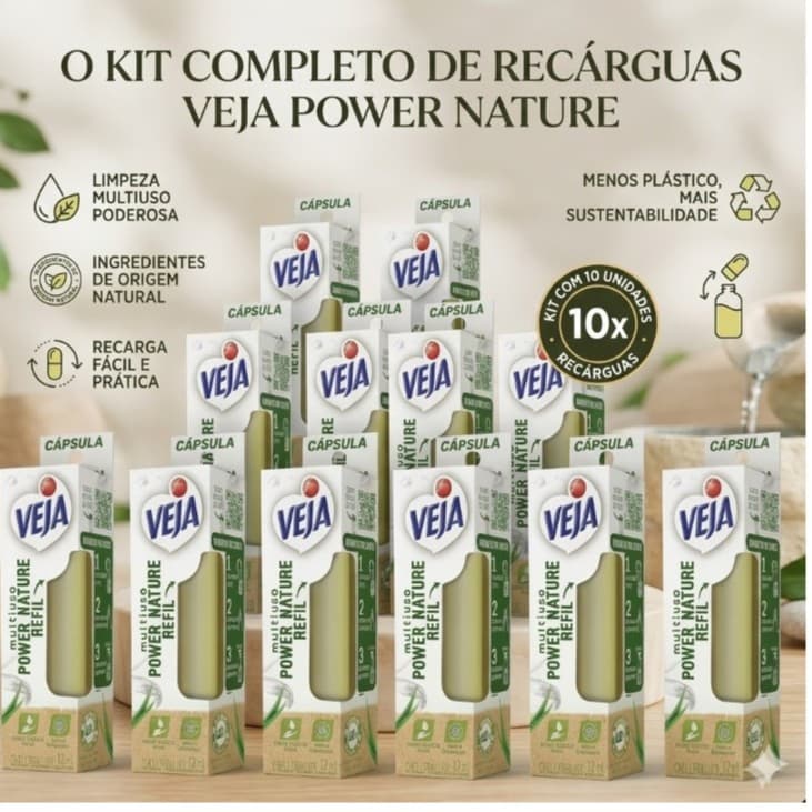 kit  c/ 10 unidades Limpador Multiuso Veja Power Nature Rende 500ml Refil Concentrado