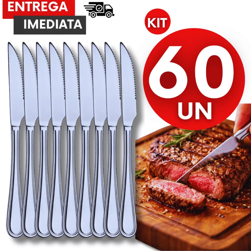 Conjunto Faca Aço Inox Mesa 21Cm Churrasco Jantar Casa Restaurante Buffet Talheres Utensílios