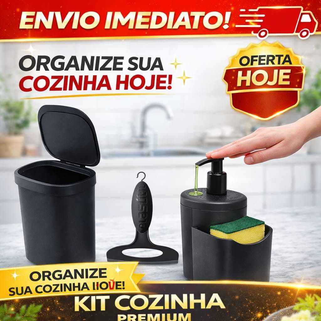 Kit cozinha lixeira dispenser detergente rodinho de pia preto resistente original