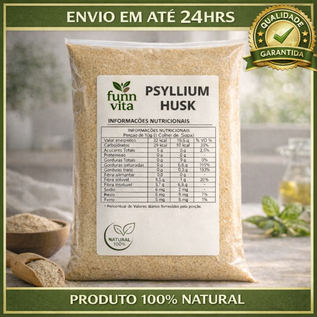 Psyllium Husk Flocos Rico em Fibras Puro Natural Original Premium Importado - FUNN VITA