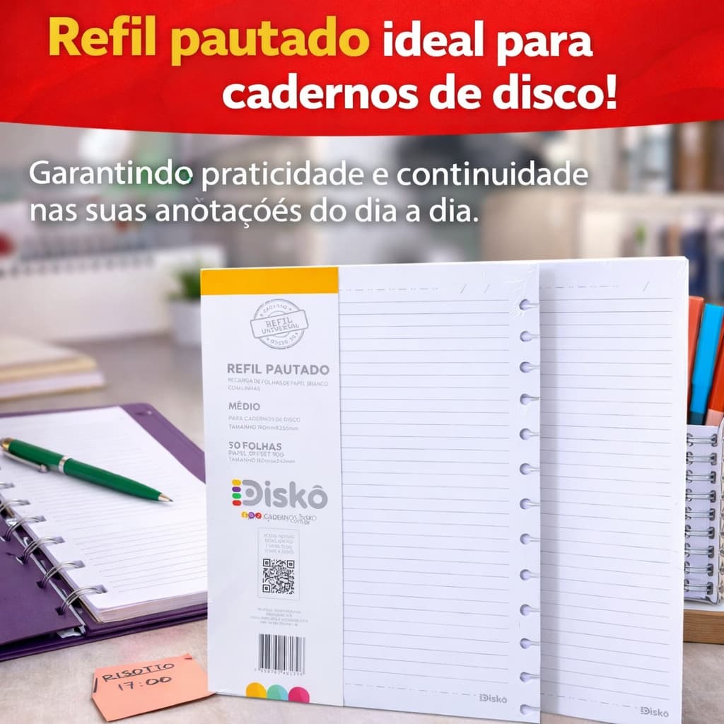 Refil Disko 50 Folhas Pautadas Médio e Grande Caderno Disco Escolar 90g Reposicionável