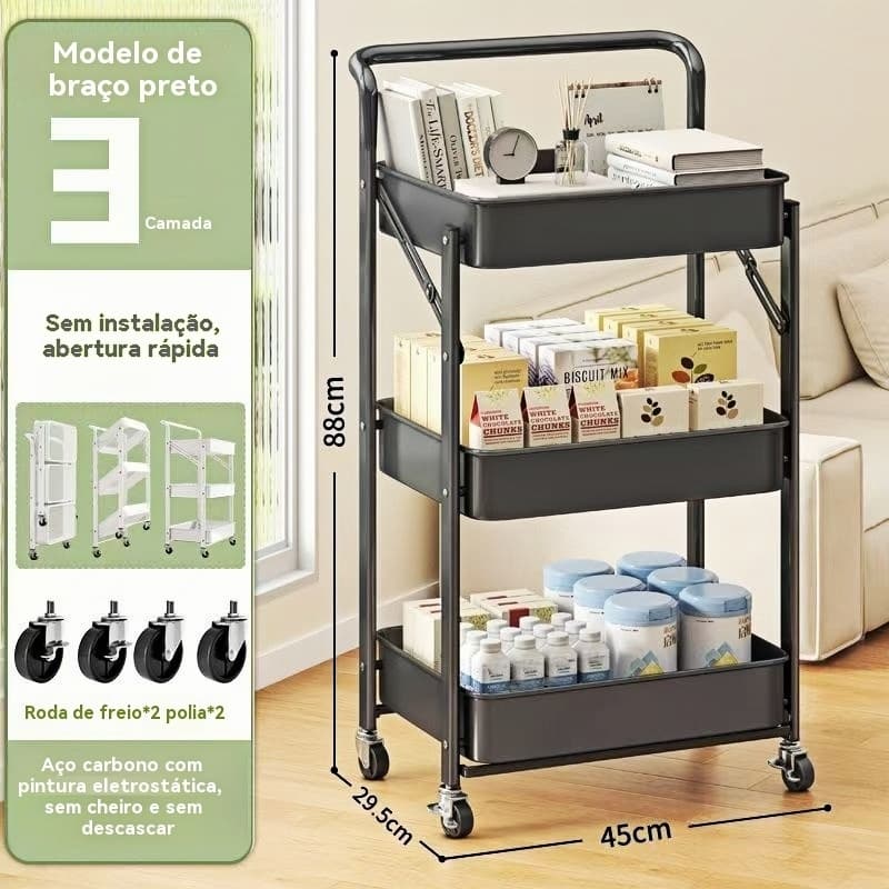 Carrinho Organizador Dobrável 3 Andares - Multifuncional com Rodas Trava, Ideal para Cozinha, Banheiro e Escritório