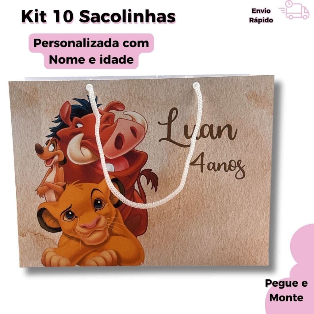 Kit Sacolinha Personalizada Rei Leão | Lembrancinha Festa Infantil | Pegue e Monte | Nome e Idade