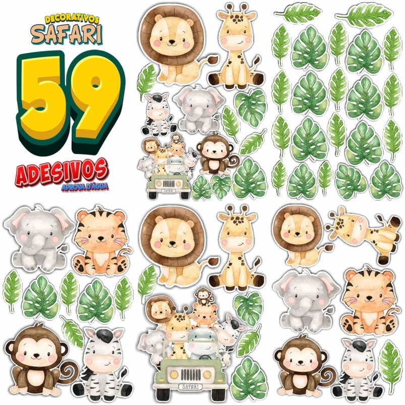 Kit 59 Adesivo Parede Decoração tema safari baby Quarto infantil Animais - Vinil Aprova Dágua