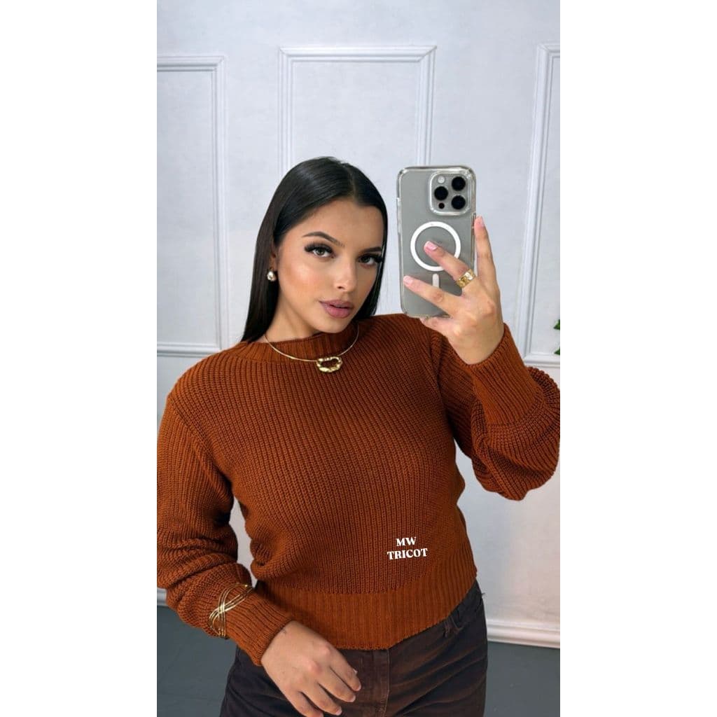Blusa Manga Longa Feminina  Ponto Fang Decote Redondo Punho & Barra Canelado Outono Inverno 2026