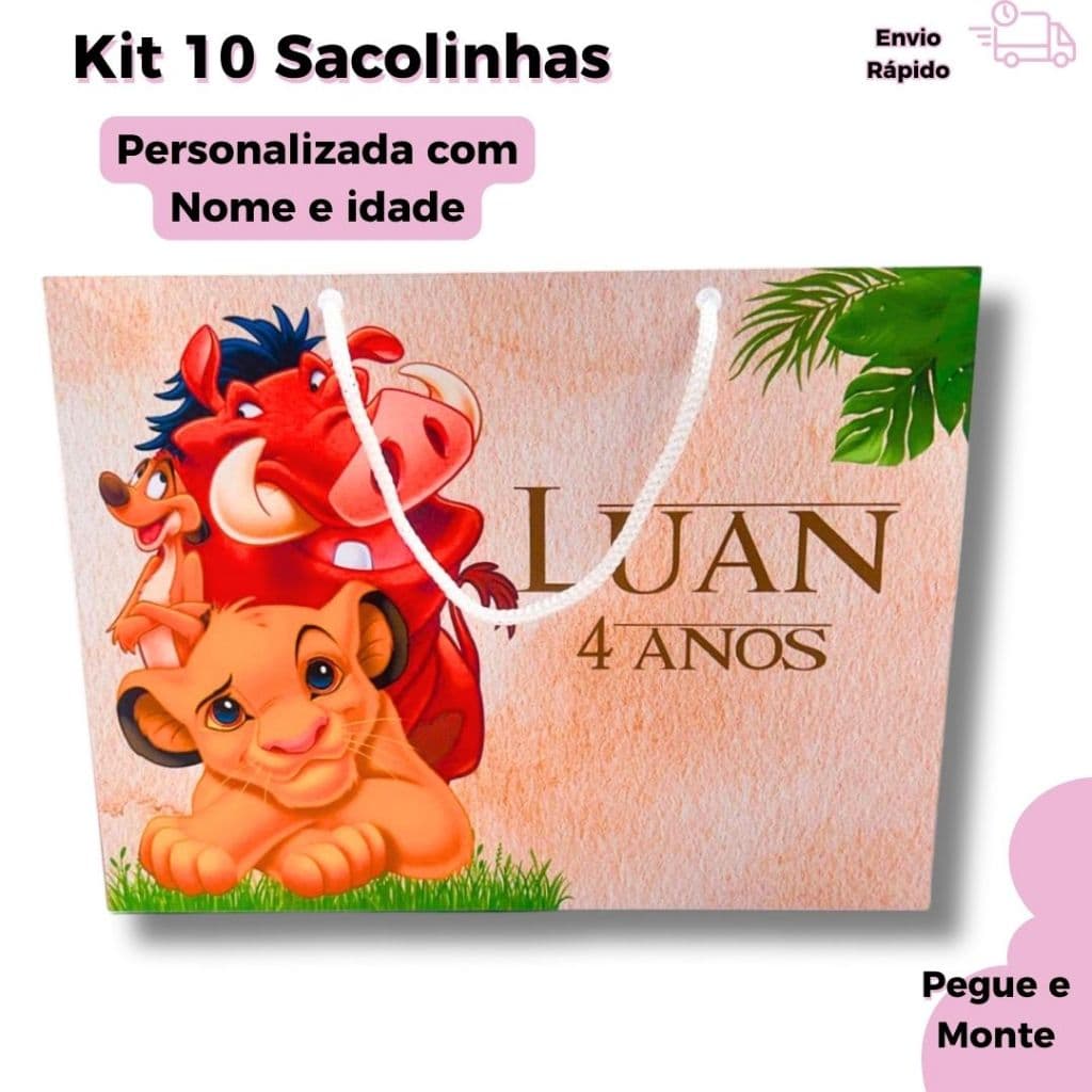Sacolinha Personalizada Rei Leão | Lembrancinha Festa Infantil |  Pegue e Monte Nome e Idade