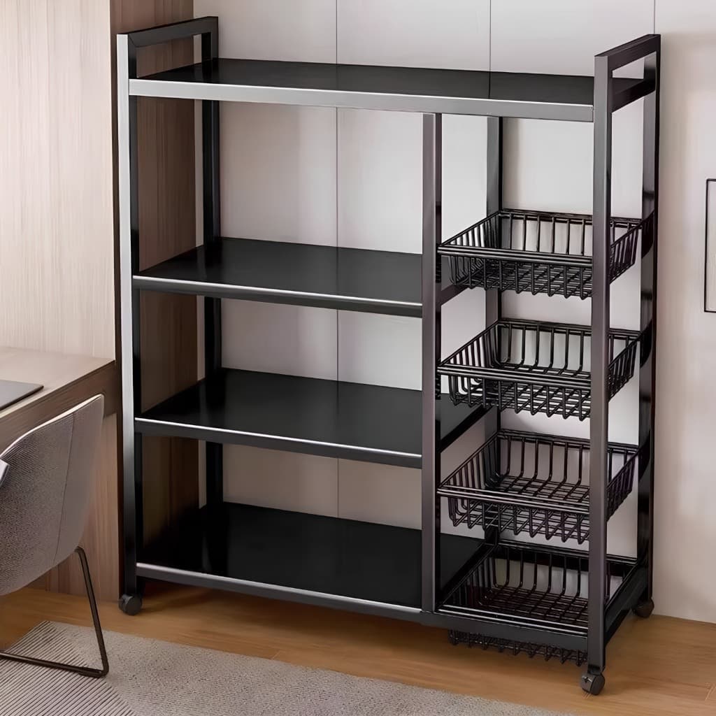 Prateleira Organizadora de Cozinha com Rodas em Aço Carbono – Rack Multiuso para Micro-ondas, Frutas e Utensílios
