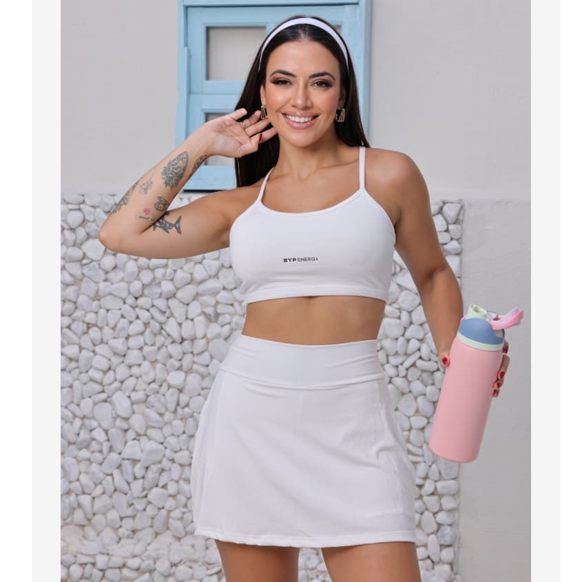 Conjunto Fitness Feminino com Top Cropped + Short Saia com Bolso