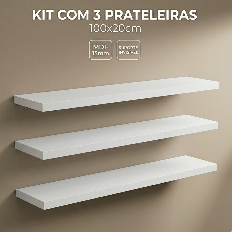 Prateleira para Parede 100x20cm MDF Branco/Preto – Kit com 1 a 3 Peças