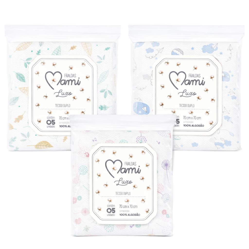 Kit 5 Fralda Luxo Papi Mami Estampada 70x70cm Bebê 100% Algodão Macia